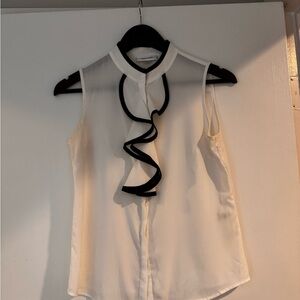 Sleeveless White Blouse with Black Trim